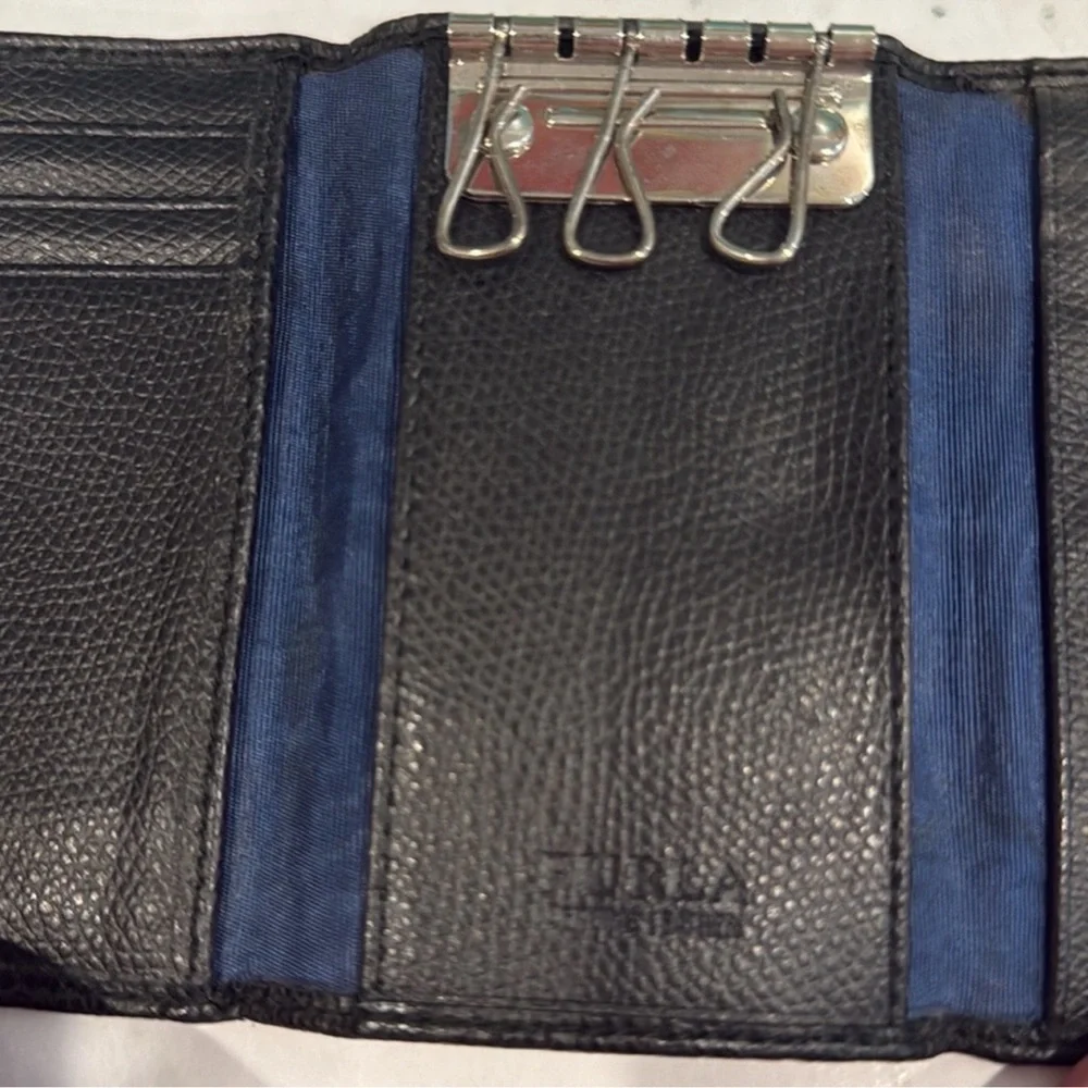 Furla Black Leather Tri Fold Key Holder Key Chain Wallet Card Holder